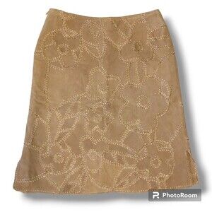 Vtg Suedessence 100% Leather Suede Patchwork Skirt-Size 8-Flowers-Knee Length